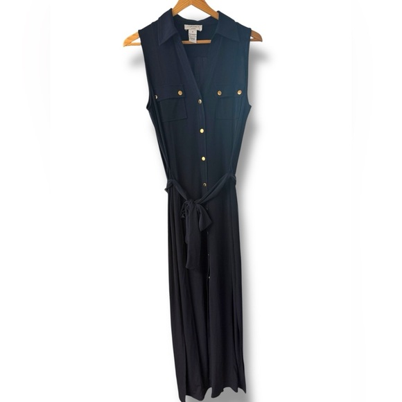 Carmen Marc Valvo Long Maxi‎ Navy Blue Dress Gold Buttons Size Medium EUC - Picture 2 of 8